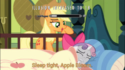 Size: 3413x1920 | Tagged: safe, edit, edited screencap, screencap, character:applejack, character:sweetie belle, species:earth pony, species:pony, species:unicorn, episode:somepony to watch over me, g4, my little pony: friendship is magic, 69 (number), apple bloom's bow, applejack's hat, bed, bow, caption, clothing, cowboy hat, female, filly, hair bow, hat, illusion, image macro, implied apple bloom, mare, meme, pillow, skyrim, text, the elder scrolls