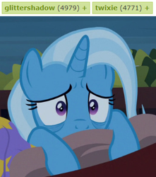 Size: 338x382 | Tagged: safe, edit, edited screencap, screencap, character:trixie, species:pony, species:unicorn, derpibooru, episode:on the road to friendship, cropped, female, implied glitter drops, implied glittershadow, implied lesbian, implied shipping, implied tempest shadow, implied twilight sparkle, mare, meta, sad, solo, tags