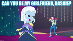 Size: 1192x670 | Tagged: safe, edit, edited screencap, screencap, character:rainbow dash, character:trixie, ship:trixdash, equestria girls:spring breakdown, g4, my little pony: equestria girls, my little pony:equestria girls, caption, female, image macro, lesbian, meme, shipping, text, trixie yells at everything