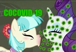 Size: 736x500 | Tagged: safe, edit, edited screencap, screencap, character:coco pommel, character:rarity, species:earth pony, species:pony, species:unicorn, episode:the saddle row review, g4, my little pony: friendship is magic, caption, coronavirus, covid-19, covidiots, disgusting, gross, image macro, meme, pun, sick, sneezing, text, too soon, virus