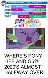 Size: 632x1018 | Tagged: safe, edit, edited screencap, screencap, character:applejack, character:fluttershy, character:pinkie pie, character:rainbow dash, character:rarity, character:spike, character:twilight sparkle, species:earth pony, species:pony, species:unicorn, episode:princess spike, g4, my little pony: friendship is magic, my little pony:pony life, angry, drama, drama bait, entitlement, mane seven, mane six, op is a duck, op is trying to start shit, schedule, text