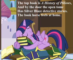 Size: 803x657 | Tagged: safe, edit, edited screencap, screencap, character:twilight sparkle, character:twilight sparkle (alicorn), species:alicorn, species:pony, episode:princess spike, g4, my little pony: friendship is magic, book, book nest, bookhorse, canterlot, cropped, cute, poem, sleeping, text, that pony sure does love books, twiabetes