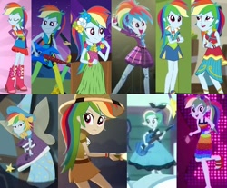 Size: 942x780 | Tagged: safe, edit, screencap, character:rainbow dash, episode:friendship through the ages, episode:i'm on a yacht, episode:leaping off the page, episode:opening night, episode:shake your tail, eqg summertime shorts, equestria girls:equestria girls, equestria girls:friendship games, equestria girls:movie magic, equestria girls:rainbow rocks, equestria girls:rollercoaster of friendship, g4, my little pony: equestria girls, my little pony:equestria girls, spoiler:eqg series (season 2), spoiler:eqg specials, belt, boot, bow, choose your own ending (season 1), clothing, collage, costume, cropped, explorer outfit, fairy, fairy bootmother, fairy wings, fake wings, fall formal, fall formal outfits, female, flashlight (object), grass skirt, guitar, hair bow, hologram, imagination, india movie set, lei, magic wand, mohawk, musical instrument, neon eg logo, rainbow dash always dresses in style, rocker, sandals, short skirt, skirt, sleeveless, smashing, sock hop, solo, straight, welcome to the show, wings, wristband