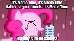 Size: 762x427 | Tagged: safe, edit, edited screencap, screencap, character:pinkie pie, episode:pinkie pride, g4, my little pony: friendship is magic, bow tie, caption, clothing, hat, image macro, jacksepticeye, meme, microphone, singing, text, top hat