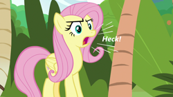Size: 1920x1080 | Tagged: safe, edit, edited screencap, screencap, character:angel bunny, character:fluttershy, species:pegasus, species:pony, episode:she talks to angel, g4, my little pony: friendship is magic, body swap, female, heck, mare, open mouth, solo, text, vulgar