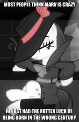 Size: 573x885 | Tagged: safe, edit, edited screencap, screencap, character:rarity, species:pony, species:unicorn, episode:sparkle's seven, g4, my little pony: friendship is magic, caption, clothing, coat, costume, cropped, crossed legs, detective, detective rarity, fedora, hat, hat over eyes, image macro, leaning, lidded eyes, meme, monochrome, neo noir, partial color, sin city, text