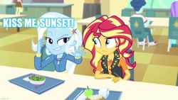 Size: 1192x670 | Tagged: safe, edit, edited screencap, screencap, character:sunset shimmer, character:trixie, ship:suntrix, equestria girls:forgotten friendship, g4, my little pony: equestria girls, my little pony:equestria girls, caption, female, image macro, lesbian, meme, shipping, text, trixie yells at everything