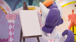 Size: 1920x1080 | Tagged: safe, edit, edited screencap, screencap, character:rarity, species:pony, species:unicorn, my little pony: stop motion short, my little pony:pony life, beret, clothing, drawing, easel, fail, female, gif, happy, hat, looking at something, magic, pencil, rarity's paintful pony portrait, solo, stop motion, telekinesis, template, when you see it
