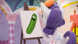 Size: 1920x1080 | Tagged: safe, edit, edited screencap, screencap, character:rarity, species:pony, my little pony: stop motion short, my little pony:pony life, beret, clothing, easel, hat, meme, painting, pickle rick, rarity's paintful pony portrait, rick and morty
