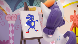Size: 1920x1080 | Tagged: safe, edit, edited screencap, screencap, character:rarity, character:sonic the hedgehog, species:pony, species:unicorn, my little pony: stop motion short, my little pony:pony life, beret, clothing, easel, hat, hedgehog, meme, painting, rarity's paintful pony portrait, sanic, sonic the hedgehog (series)