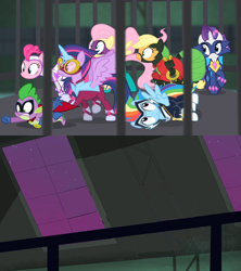 Size: 1280x1440 | Tagged: safe, edit, edited screencap, screencap, character:applejack, character:fili-second, character:fluttershy, character:humdrum, character:masked matter-horn, character:mistress marevelous, character:pinkie pie, character:radiance, character:rainbow dash, character:rarity, character:saddle rager, character:spike, character:twilight sparkle, character:twilight sparkle (alicorn), character:zapp, species:alicorn, species:dragon, species:earth pony, species:pegasus, species:pony, species:unicorn, episode:power ponies, g4, my little pony: friendship is magic, cage, mane seven, mane six, someone sees the heroes trapped, template