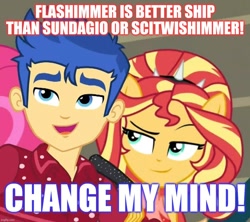 Size: 1080x960 | Tagged: safe, edit, edited screencap, screencap, character:flash sentry, character:sunset shimmer, ship:flashimmer, episode:cheer you on, g4, my little pony: equestria girls, my little pony:equestria girls, spoiler:eqg series (season 2), caption, cropped, female, image macro, implied lesbian, implied scitwishimmer, implied shipping, implied sunsagio, male, op is a duck, op is trying to start shit, shipping, straight, text