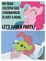 Size: 3106x4096 | Tagged: safe, edit, edited screencap, screencap, character:pinkie pie, species:pony, episode:applebuck season, g4, my little pony: friendship is magic, bad end, bed, blatant lies, coronavirus, coronavirus party, covid-19, covidiots, drama, drama bait, female, implied princess celestia, mare, meme, pillow, sad, sick, solo, this will end in tears, too dumb to live, why