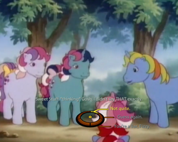 Size: 750x600 | Tagged: safe, edit, edited screencap, screencap, character:fizzy, character:galaxy (g1), character:ribbon (g1), character:sweet stuff, episode:sweet stuff and the treasure hunt, g1, my little pony 'n friends, bow, cropped, dialogue wheel, forest, mass effect, tail bow