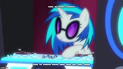 Size: 888x499 | Tagged: safe, edit, edited screencap, screencap, character:dj pon-3, character:vinyl scratch, species:pony, species:unicorn, episode:a horse shoe-in, g4, my little pony: friendship is magic, caption, female, image macro, mare, meme, mute, mute vinyl, solo, text