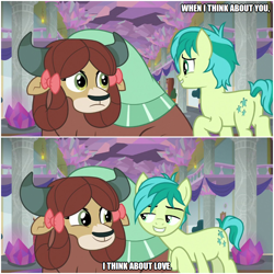 Size: 1000x1000 | Tagged: safe, edit, edited screencap, screencap, character:sandbar, character:yona, species:pony, species:yak, ship:yonabar, episode:she's all yak, g4, my little pony: friendship is magic, bad company, cute, female, male, shipping, song reference, straight, yonadorable
