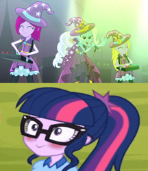 Size: 994x1148 | Tagged: safe, edit, edited screencap, screencap, character:fuchsia blush, character:lavender lace, character:trixie, character:twilight sparkle, character:twilight sparkle (scitwi), species:eqg human, ship:twixie, equestria girls:legend of everfree, equestria girls:rainbow rocks, g4, my little pony: equestria girls, my little pony:equestria girls, blushing, female, lesbian, sci-twixie, shipping, shipping domino, trixie and the illusions