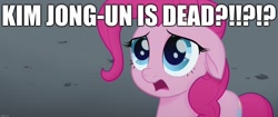 Size: 1920x804 | Tagged: safe, edit, edited screencap, screencap, character:pinkie pie, species:earth pony, species:pony, my little pony: the movie (2017), caption, death, excessive exclamation marks, fake news, image macro, kim jong-un, rumor, sad, text