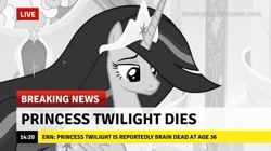 Size: 717x401 | Tagged: safe, edit, edited screencap, screencap, character:twilight sparkle, character:twilight sparkle (alicorn), species:alicorn, species:pony, episode:the last problem, g4, my little pony: friendship is magic, abuse, break your own news, breaking news, female, implied death, mare, older, older twilight, op is a duck, op is trying to start shit, princess twilight 2.0, twilight will not outlive her friends, twilybuse