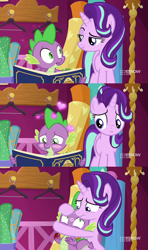 Size: 1280x2160 | Tagged: safe, edit, edited screencap, screencap, character:spike, character:starlight glimmer, species:pony, species:unicorn, ship:sparlight, episode:a-dressing memories, spoiler:a-dressing memories, spoiler:mlp friendship is forever, 9now, book, cuddling, female, heart, hug, kiss mark, lipstick, male, shipping, straight