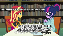 Size: 700x394 | Tagged: safe, edit, edited screencap, screencap, character:sunset shimmer, character:twilight sparkle, character:twilight sparkle (scitwi), species:eqg human, ship:scitwishimmer, ship:sunsetsparkle, episode:the finals countdown, g4, my little pony: equestria girls, my little pony:equestria girls, book, bookshelf, checklist, chess, chessboard, chessboard incorrectly oriented, clothing, cute, female, gendo pose, hoodie, lesbian, library, lidded eyes, looking at each other, naive, shipping, smiling, twiabetes
