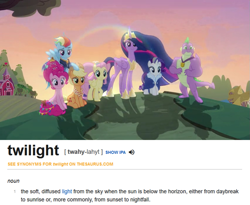 Size: 853x700 | Tagged: safe, edit, edited screencap, screencap, character:applejack, character:fluttershy, character:pinkie pie, character:rainbow dash, character:rarity, character:spike, character:twilight sparkle, character:twilight sparkle (alicorn), species:alicorn, species:pony, episode:the last problem, g4, my little pony: friendship is magic, alternate hairstyle, gigachad spike, granny smith's scarf, mane seven, mane six, older, older applejack, older fluttershy, older mane seven, older mane six, older pinkie pie, older rainbow dash, older rarity, older spike, older twilight, princess twilight 2.0, stealth pun, sunset