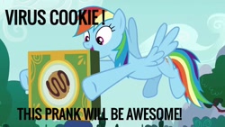 Size: 1280x720 | Tagged: safe, edit, edited screencap, screencap, character:rainbow dash, species:pegasus, species:pony, episode:28 pranks later, g4, my little pony: friendship is magic, cookie, coronavirus, covid-19, covidiots, food, prank, rainbow douche, virus, we are going to hell, why