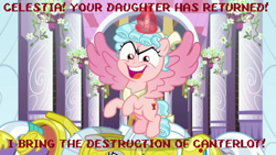 Size: 1280x720 | Tagged: safe, edit, edited screencap, screencap, character:cozy glow, parent:princess celestia, species:alicorn, species:pony, episode:the ending of the end, g4, my little pony: friendship is magic, alicornified, canterlot castle, cozy glow is best facemaker, cozycorn, female, filly, god of war ii, god of war iii, implied momlestia, kratos, looking at you, race swap, royal guard, spread wings, throne room, wings
