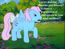 Size: 935x701 | Tagged: safe, edit, edited screencap, screencap, character:wind whistler, episode:mish mash melee, g1, my little pony 'n friends, bow, fluorine perchlorate, tail bow, talking, this will end in explosions, tree