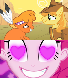 Size: 960x1104 | Tagged: safe, edit, edited screencap, screencap, character:braeburn, character:little strongheart, character:pinkie pie, species:buffalo, species:earth pony, species:pony, ship:braeheart, episode:coinky-dink world, episode:over a barrel, eqg summertime shorts, g4, my little pony: equestria girls, my little pony: friendship is magic, my little pony:equestria girls, female, heart eyes, husbando thief, male, meme, pinkie's eyes, shipping, straight, wingding eyes