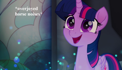 Size: 1407x804 | Tagged: safe, edit, edited screencap, screencap, character:twilight sparkle, character:twilight sparkle (alicorn), species:alicorn, species:pony, my little pony: the movie (2017), cropped, cute, descriptive noise, female, happy, horse noises, mare, open mouth, overjoyed, solo, twiabetes