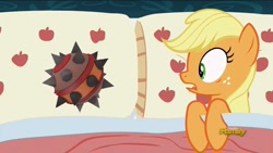 Size: 1280x720 | Tagged: safe, edit, edited screencap, screencap, character:applejack, species:earth pony, species:pony, episode:28 pranks later, g4, my little pony: friendship is magic, applejack's bed partner, bed, exploitable meme, female, mare, meme, solo, stickybomb launcher, team fortress 2, this will end in death, this will end in exploding heads, this will end in explosions