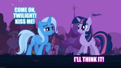 Size: 1365x768 | Tagged: safe, edit, edited screencap, screencap, character:trixie, character:twilight sparkle, species:pony, species:unicorn, ship:twixie, episode:boast busters, g4, my little pony: friendship is magic, caption, female, grammar error, image macro, lesbian, mare, meme, shipping, text, trixie yells at everything
