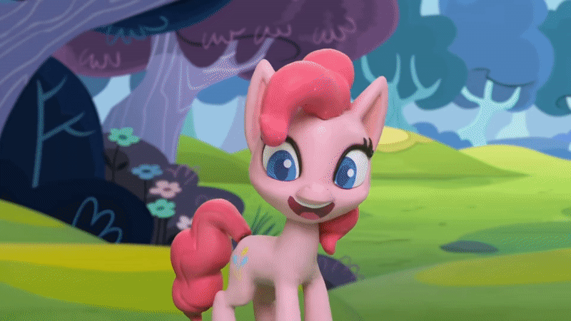 Size: 800x450 | Tagged: safe, edit, edited screencap, screencap, character:applejack, character:pinkie pie, species:earth pony, species:pony, my little pony: stop motion short, animated, applejack's hat, cart, clothing, cowboy hat, excited, flower, gif, grass, hat, looking at someone, looking back, open mouth, outdoors, pinkie pie vs the flowers, stop motion, tree