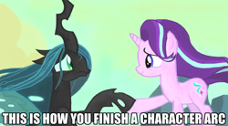 Size: 1280x707 | Tagged: safe, edit, edited screencap, screencap, character:queen chrysalis, character:starlight glimmer, species:changeling, species:pony, species:unicorn, episode:to where and back again, g4, my little pony: friendship is magic, a better ending for chrysalis, acceptance, adorkable, alternate ending, alternate scenario, alternate universe, anxiety, apology, awkward, breakdown, caption, changeling queen, character development, colored, cute, cutealis, defeated, dork, dorkalis, duo, fear, female, frown, good end, happy, image macro, mare, meme, meta, nervous, precious, redemption, reformed, regret, sad, sadorable, scene interpretation, silly, silly pony, smiling, sorry, text, unsure, what if