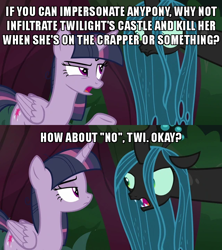 Size: 640x720 | Tagged: safe, edit, edited screencap, screencap, character:mean twilight sparkle, character:queen chrysalis, species:alicorn, species:changeling, species:pony, episode:the mean 6, g4, my little pony: friendship is magic, austin powers, caption, changeling queen, clone, dialogue, female, former queen chrysalis, idiot, image macro, meme, skeptical, text