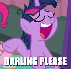 Size: 852x834 | Tagged: safe, edit, edited screencap, screencap, character:pinkie pie, character:twilight sparkle, character:twilight sparkle (alicorn), species:alicorn, species:pony, episode:a trivial pursuit, g4, my little pony: friendship is magic, behaving like rarity, caption, cropped, darling, image macro, imitation, messy mane, offscreen character, solo focus, text