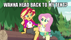 Size: 640x360 | Tagged: safe, edit, edited screencap, screencap, character:fluttershy, character:sunset shimmer, equestria girls:legend of everfree, g4, my little pony: equestria girls, my little pony:equestria girls, camp everfree, camp everfree outfits, caption, clothing, image macro, implied lesbian, implied sunshyne, log, seductive look, shorts, text