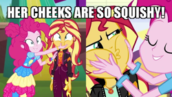 Size: 640x360 | Tagged: safe, edit, edited screencap, screencap, character:pinkie pie, character:sunset shimmer, equestria girls:mirror magic, equestria girls:sunset's backstage pass, g4, my little pony: equestria girls, my little pony:equestria girls, spoiler:eqg series (season 2), spoiler:eqg specials, caption, cropped, cute, geode of empathy, geode of sugar bombs, image macro, magical geodes, shimmerbetes, squishy cheeks, text, zoomed