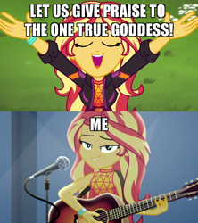Size: 640x720 | Tagged: safe, edit, edited screencap, screencap, character:sunset shimmer, episode:let it rain, equestria girls:sunset's backstage pass, g4, my little pony: equestria girls, my little pony:equestria girls, spoiler:eqg series (season 2), acoustic guitar, beautiful, cute, female, goddess, guitar, looking at you, microphone, music festival outfit, musical instrument, narcissism, raised arms, shimmerbetes, solo, truth, worship
