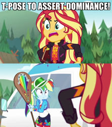 Size: 640x720 | Tagged: safe, edit, edited screencap, screencap, character:rainbow dash, character:sunset shimmer, equestria girls:sunset's backstage pass, g4, my little pony: equestria girls, my little pony:equestria girls, spoiler:eqg series (season 2), caption, confused, image macro, paddle, t pose, text, wat