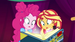 Size: 640x360 | Tagged: safe, edit, edited screencap, screencap, character:pinkie pie, character:sunset shimmer, equestria girls:sunset's backstage pass, g4, my little pony: equestria girls, my little pony:equestria girls, spoiler:eqg series (season 2), book cover, cover, female, lesbian, shipping, the big book of lesbian horse stories
