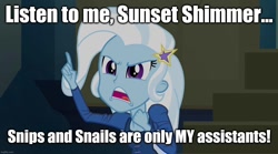 Size: 1280x714 | Tagged: safe, edit, edited screencap, screencap, character:trixie, equestria girls:rainbow rocks, g4, my little pony: equestria girls, my little pony:equestria girls, caption, image macro, implied snails, implied snips, implied sunset shimmer, meme, text, trixie yells at everything