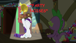 Size: 1280x720 | Tagged: safe, edit, edited screencap, screencap, character:rarity, character:spike, episode:dragon dropped, g4, my little pony: friendship is magic, descriptive noise, duo, food, frown, ice cream, movie reference, nose in the air, phonograph, say anything, spotlight