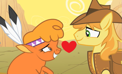 Size: 819x499 | Tagged: safe, edit, edited screencap, screencap, character:braeburn, character:little strongheart, ship:braeheart, episode:over a barrel, g4, my little pony: friendship is magic, female, heart, male, shipping, straight