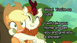 Size: 1280x720 | Tagged: safe, edit, edited screencap, screencap, character:applejack, character:autumn blaze, episode:sounds of silence, g4, my little pony: friendship is magic, awwtumn blaze, clothing, cute, duo, eyes closed, hat, hug, personal space invasion