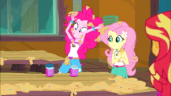 Size: 854x480 | Tagged: safe, edit, edited screencap, screencap, character:fluttershy, character:pinkie pie, character:sunset shimmer, equestria girls:legend of everfree, g4, my little pony: equestria girls, my little pony:equestria girls, aivo, animated, avo, fifteen.ai, meme, patrick star, push it somewhere else patrick, sandy spongebob and the worm, sound, sound edit, spongebob squarepants, the pony machine learning project, webm