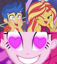 Size: 1791x2015 | Tagged: safe, edit, edited screencap, screencap, character:flash sentry, character:pinkie pie, character:sunset shimmer, ship:flashimmer, episode:coinky-dink world, eqg summertime shorts, equestria girls:spring breakdown, g4, my little pony: equestria girls, my little pony:equestria girls, spoiler:eqg series (season 2), all good (song), female, heart eyes, male, meme, pinkie's eyes, shipping, shipping domino, starry eyes, straight, wingding eyes