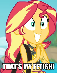 Size: 550x700 | Tagged: safe, edit, edited screencap, screencap, character:sunset shimmer, equestria girls:forgotten friendship, g4, my little pony: equestria girls, my little pony:equestria girls, belly button, bikini, bikini top, blurred background, building, caption, cliff, clothing, cloud, cropped, cute, female, forest background, geode of empathy, gold, hands together, image macro, jewelry, magical geodes, midriff, necklace, outdoors, sarong, shimmerbetes, shoulder bag, sky, smiling, solo, sun, swimsuit, text, that is my fetish, wristband