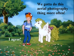 Size: 935x701 | Tagged: safe, edit, edited screencap, screencap, character:danny williams, character:surprise, episode:the great rainbow caper, g1, my little pony 'n friends, adoraprise, backpack, baseball cap, bow, cap, clothing, cute, dialogue, flower, hat, tail bow, tree